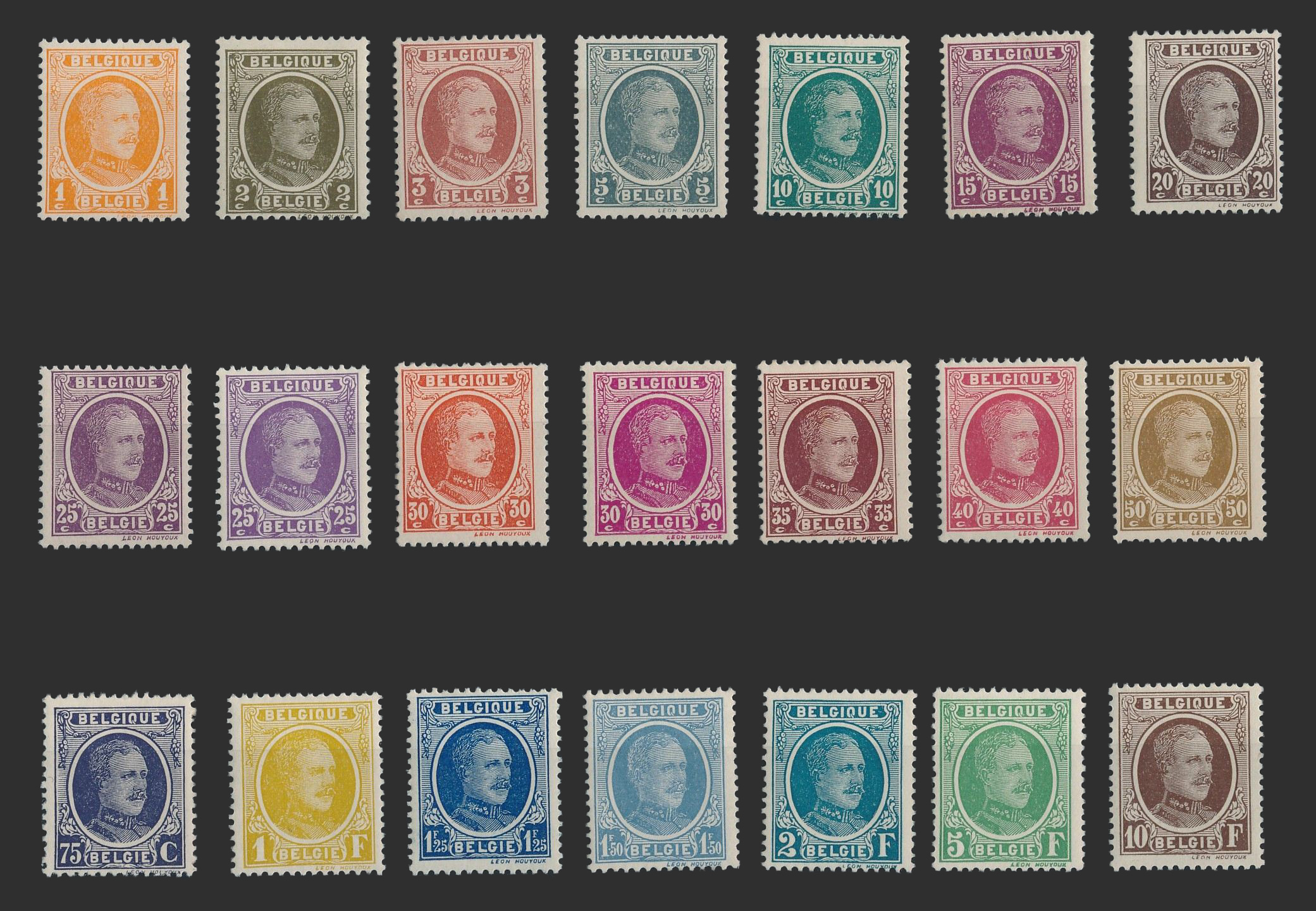 Les timbres Houyoux : trois illustrations de la série philatélique et carte postale Houyoux.
